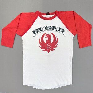 Vintage 80s RUGER Firearms Gun Raglan 3/4 sleeve T Shirt XL Single Stitch Red